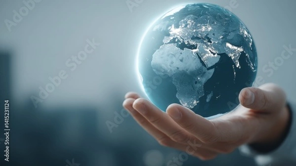 Fototapeta A hand gently holds a glowing globe filled with tiny lit buildings and roads, showcasing innovation and the interconnectedness of our global landscape