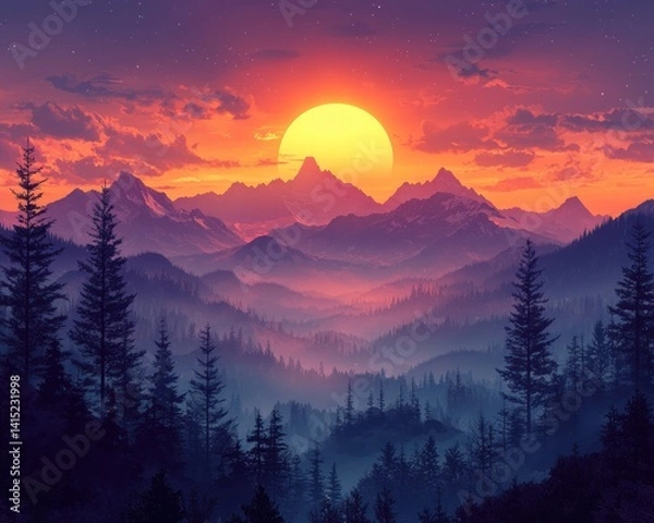 Fototapeta Majestic sunset over mountain range with vibrant colors and silhouette of trees