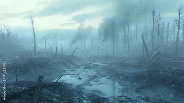 Obraz The effects of acid rain on a forest, with dead trees and barren ground 