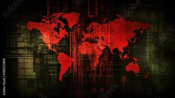 Fototapeta Bloody world map on dark grunge background, dripping red paint effect.