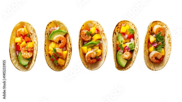 Obraz Mini tacos with colorful summer fillings: mango salsa, avocado, grilled shrimp, top-down view, PNG format