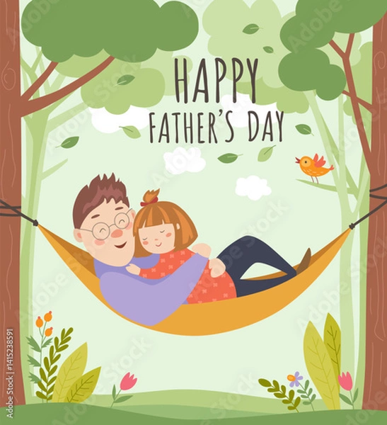 Fototapeta Little girl and her father relaxing in a hammock