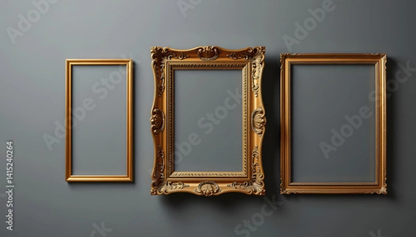 Fototapeta Set of golden frames for paintings, mirrors or photos, studio photography, with white tones
