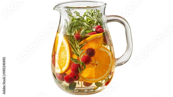 Obraz Glass pitcher of sangria with orange slices, berries, and herbs, vibrant and refreshing, white background, PNG format