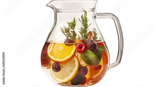 Obraz Glass pitcher of sangria with orange slices, berries, and herbs, vibrant and refreshing, white background, PNG format