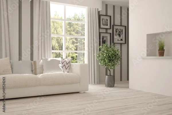 Fototapeta White room with sofa and green landscape in window. Scandinavian interior design. 3D illustration