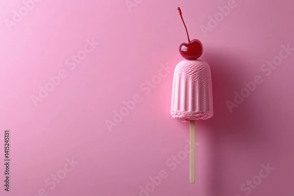 Obraz Pink popsicle with cherry on top against a soft pink background studio shot