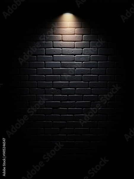 Fototapeta White light spot effect on dark brick wall, dramatic studio background with theater vibes and strong illumination focus, 3D illustration - theater art illumination
