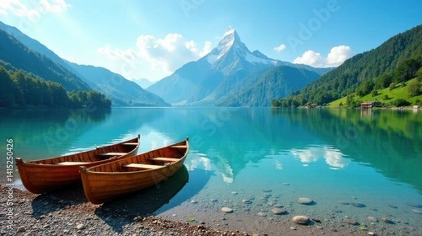 Fototapeta Serene Mountain Lake Scene with Two Wooden Rowboats on a Pebbled Shore