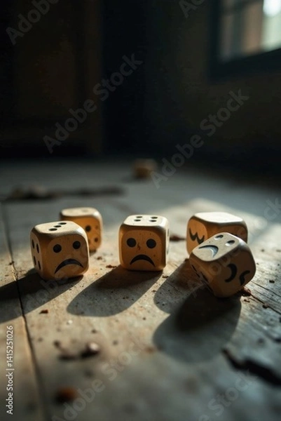 Obraz A collection of wooden dice with unhappy faces rests on a weathered surface, bathed in sunlight.  The dice display various expressions of sadness and discontent.