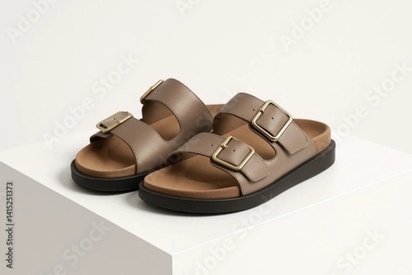Obraz Stylish Brown Slide Sandals on Minimalist Background  