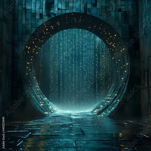 Fototapeta A digital rain falls through a futuristic circular gateway in a cyberpunk-style architecture. The scene is dark and mysterious. Futuristic Technology Backgrounds. A surreal depiction of a data Leak