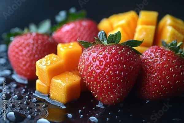 Obraz Fresh strawberries and mango chunks arranged on a glossy surface with water droplets