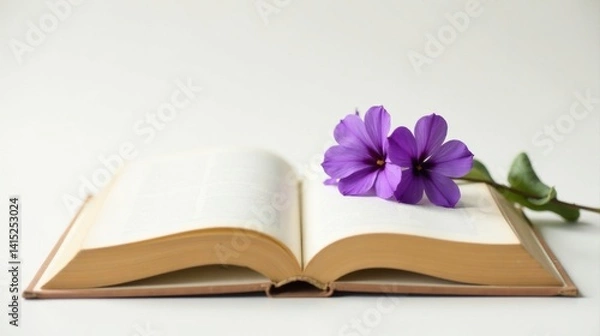 Fototapeta Open book with delicate purple blossoms resting gently on its pages, a serene and peaceful scene suggesting quiet reading and reflection.