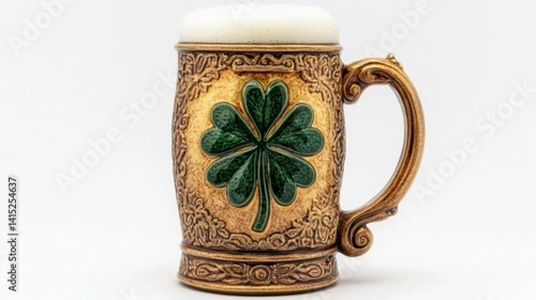 Fototapeta Gold beer stein with shamrock design, frothy head, white background. 