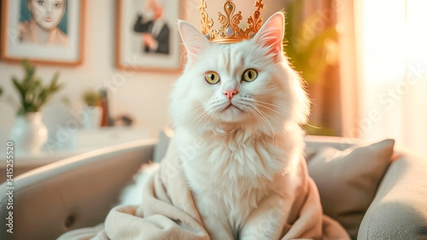 Fototapeta in a modern apartment on a pillow sits an important spoiled domestic cat in a crown