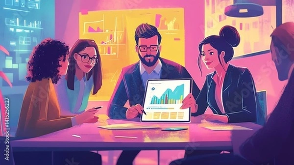 Obraz Team of salespeople reviewing performance metrics on a tablet in a high-energy office