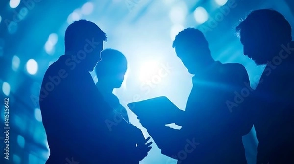 Obraz Team synergy in full display as coworkers huddle over a tablet discussing improvements