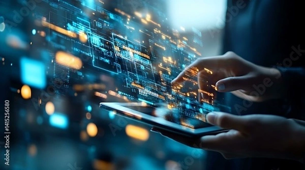 Obraz Technology-driven workplace with diverse staff reviewing digital content on a tablet during a creative meeting