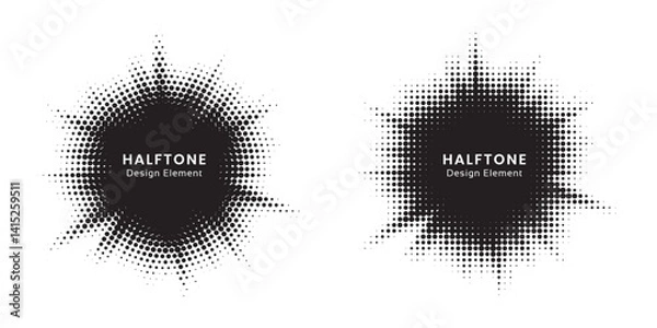 Obraz Halftone circle frame background set. Round border Icon using halftone random circle. Grunge circular stain. Vector illustration.