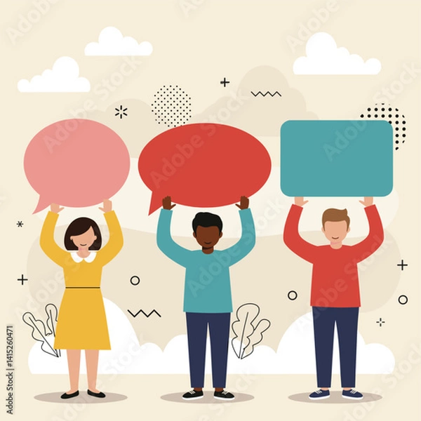 Fototapeta Dialogue of Ideas: A vibrant illustration showcases three figures holding speech bubbles, representing diverse voices in communication and ideas, conveying the essence of sharing thoughts.