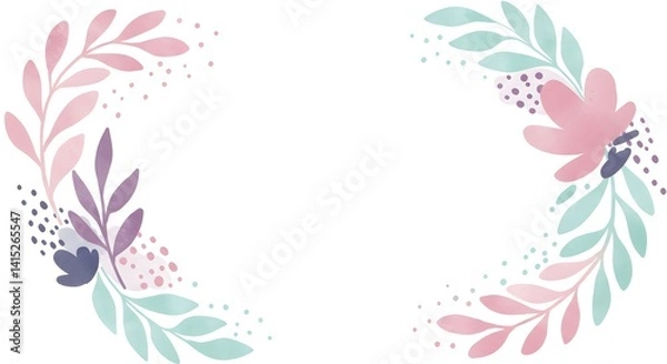 Fototapeta Floral Frame Design with Watercolor Leaves and Pastel Color Accents