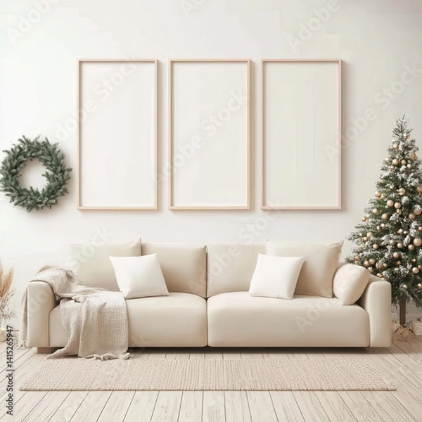 Obraz Cozy Interior with White Sofa, Blank Frames, and Christmas Tree