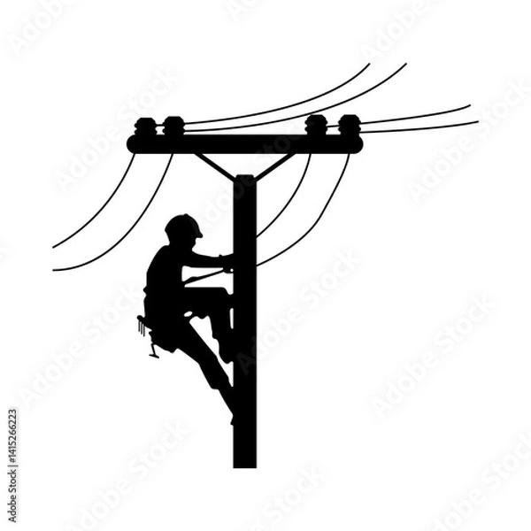 Obraz Silhouette of electric pole technician. Black lineman electrician cartoon.