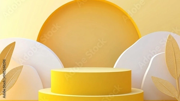 Fototapeta Yellow podium with abstract circular shapes and sunny lighting for modern product display