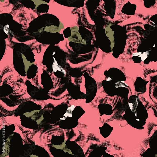 Fototapeta Leopard spots and roses seamless pattern design. Vector pink background, wallpaper, wrapping paper, fabric, print