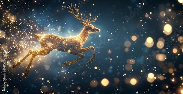 Fototapeta Golden reindeer in flight against bokeh background. Possible use Christmas card, holiday advertisement