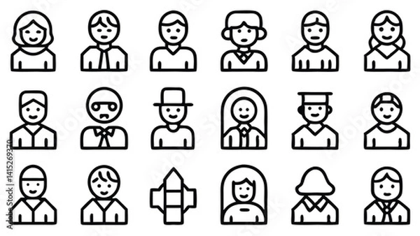 Fototapeta This vector icon set features cartoon business people avatars, a group of men and women in an office setting, perfect for illustrating teamwork and job roles