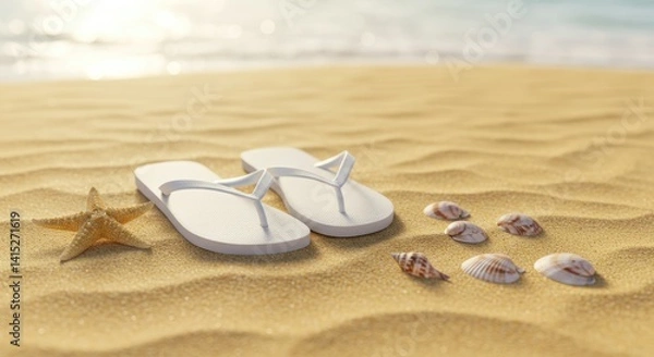 Obraz Summer flip flops and seashells on sandy beach  