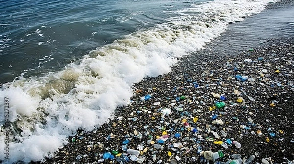 Obraz A beach covered in plastic waste as waves crash onto the shore 

