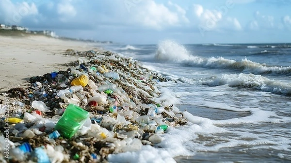 Obraz A beach covered in plastic waste as waves crash onto the shore 

