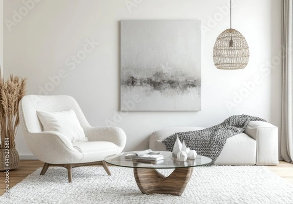 Fototapeta modern living room interior, simple living room, luxurious all white, armchair, sleeper sofa, abstract painting, messy fabric on sofa