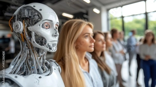 Fototapeta Woman and colleagues observe a sophisticated humanoid robot in a modern setting.