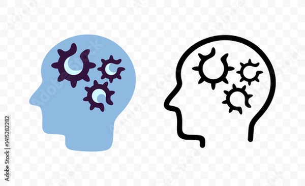 Obraz Human head with gears inside, graphic design. Thinking, problem-solving, creativity and mechanics of intelligence, vector design and illustration