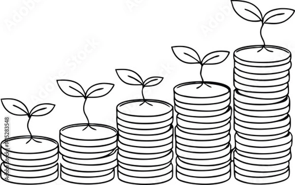 Fototapeta Rising Coin Stacks with Sprouts, Black and White Line Art, Minimalist, Simple Style