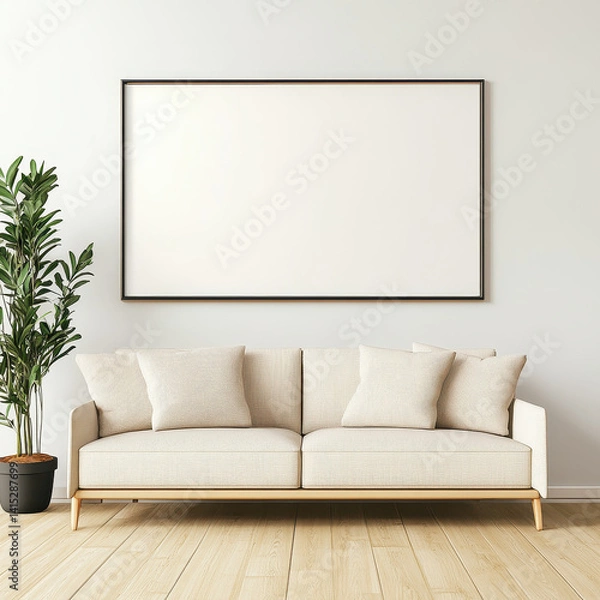 Fototapeta Modern Minimalist Living Room with Blank Frame and Green Plant