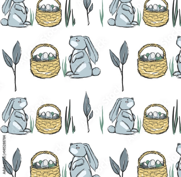Obraz Vector easter seamless pattern of many cute bunnies, big wicker basket with eggs. Hand drawn cartoon print. Holiday background. Doodle style pencil sketch. Festive graphic element for packaging design