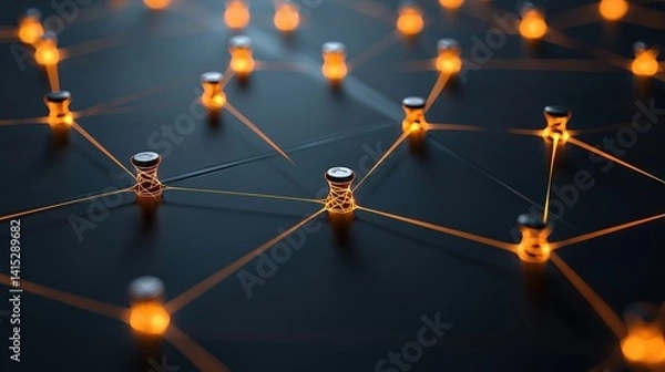 Obraz A visually striking network of glowing nodes connected by lines, symbolizing technology, communication, and interconnected systems.