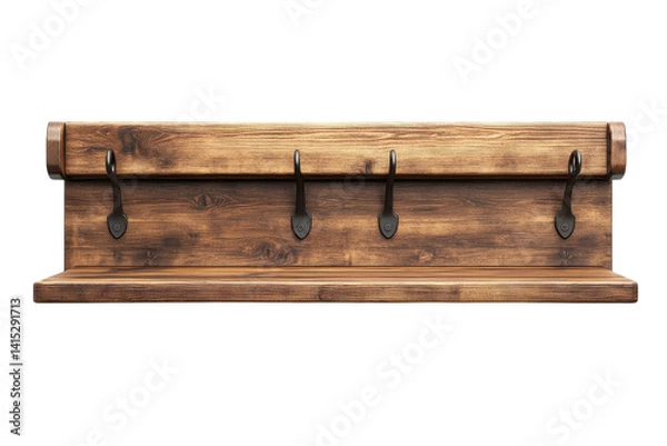 Fototapeta Rustic Wooden Wall Shelf with Metal Hooks perfect for entryway or hallway storage dark wood grain texture on black on transparent background