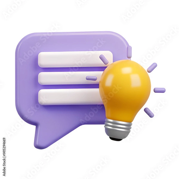 Obraz 3d icon quick tip. Vector render light bulb in speech bubble. Questions and answers or cartoon illustration isolated on white background. Did you know button