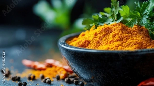 Fototapeta A vibrant bowl of ground turmeric sits surrounded by fresh herbs and spices, capturing the essence of culinary creativity and health, perfect for food and wellness enthusiasts.