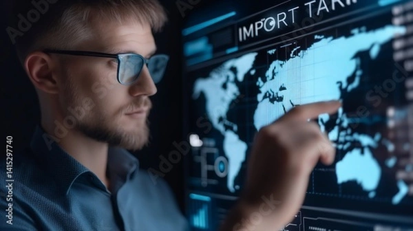Fototapeta A businessman observing a virtual screen with digital graphs and the phrase IMPORT TARIFF flashing alongside global trade route indicators.