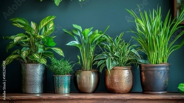 Obraz A row of potted plants sit on a wooden shelf