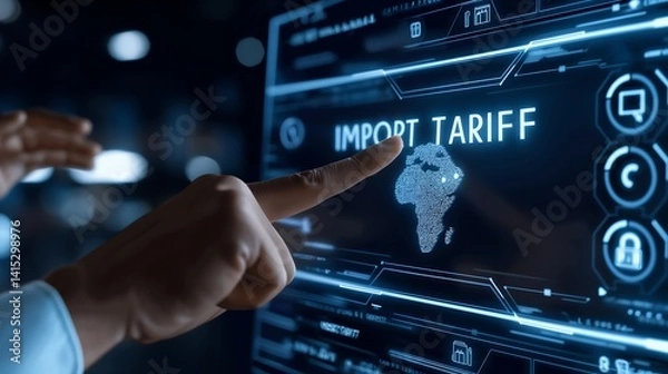 Fototapeta Business analyst interacting with a virtual control board, highlighting fluctuating trade metrics and the phrase IMPORT TARIFF in a futuristic setting.