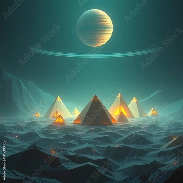 Fototapeta An alien planet with surreal landscapes, glowing terrain, colorful atmosphere, and distant stars in the sky. Mysterious, otherworldly, and futuristic