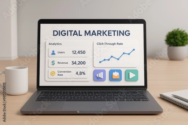 Obraz Digital Marketing Analytics Dashboard: Laptop displaying a digital marketing analytics dashboard showing key metrics such as website traffic, conversion rates, and click-through rates.